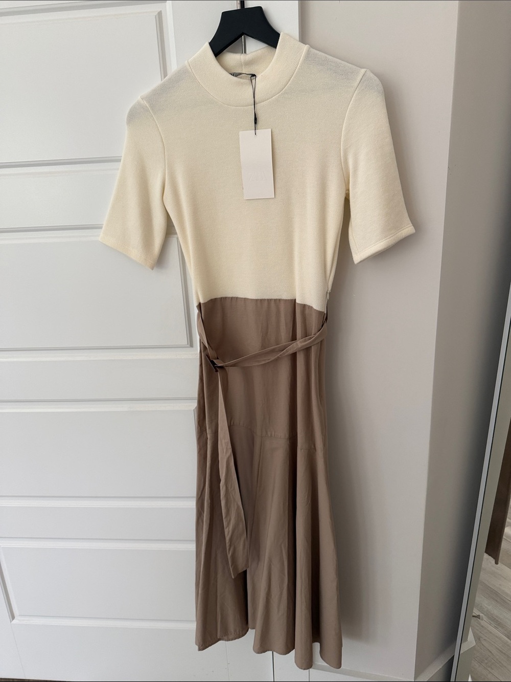 Zara Cream Knit Top with Brown Flowing Midi Skirt size Small